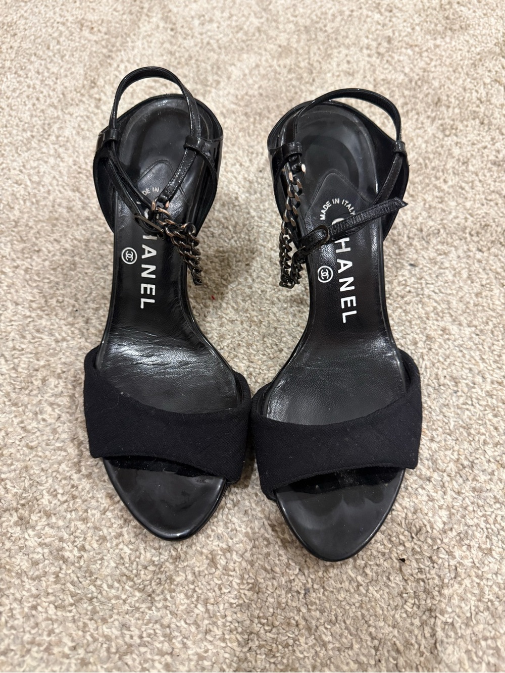 CHANEL Black Open-Toe Slingback Heels with Chain Detail